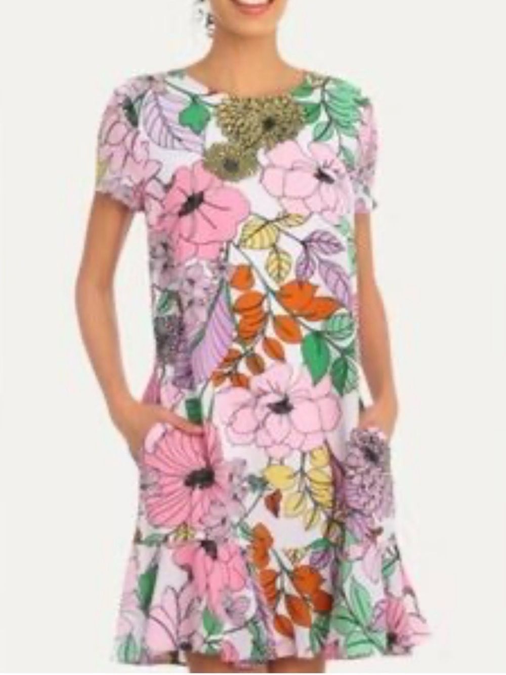 Clover& Sloane Knee Dress Pink Floral Drop Waist Ruffle Hem Pockets Art Retro 12